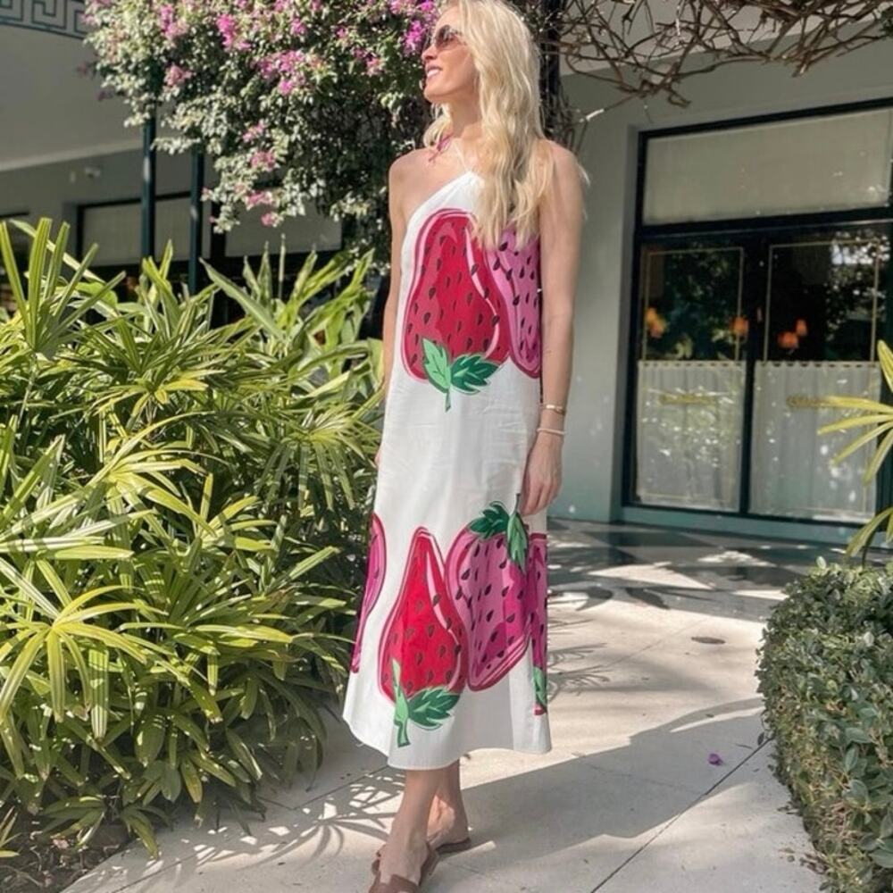 NWOT Never Fully Dressed Strawberry Print Halter Midi Dress US 2 Cotton